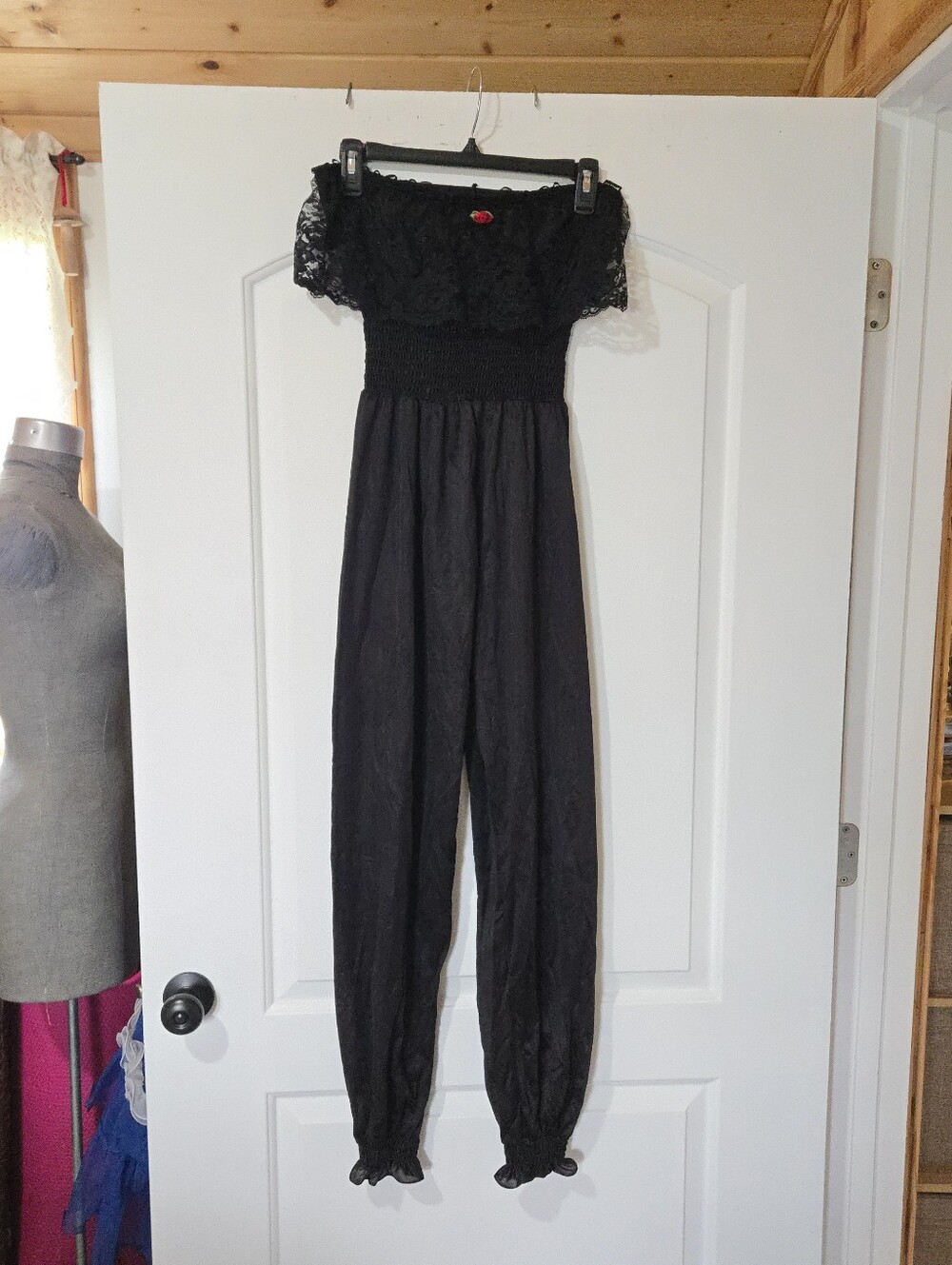 Vintage 90s Undercover Wear Black Strapless Nylon Lace Jumpsuit, SIZE M